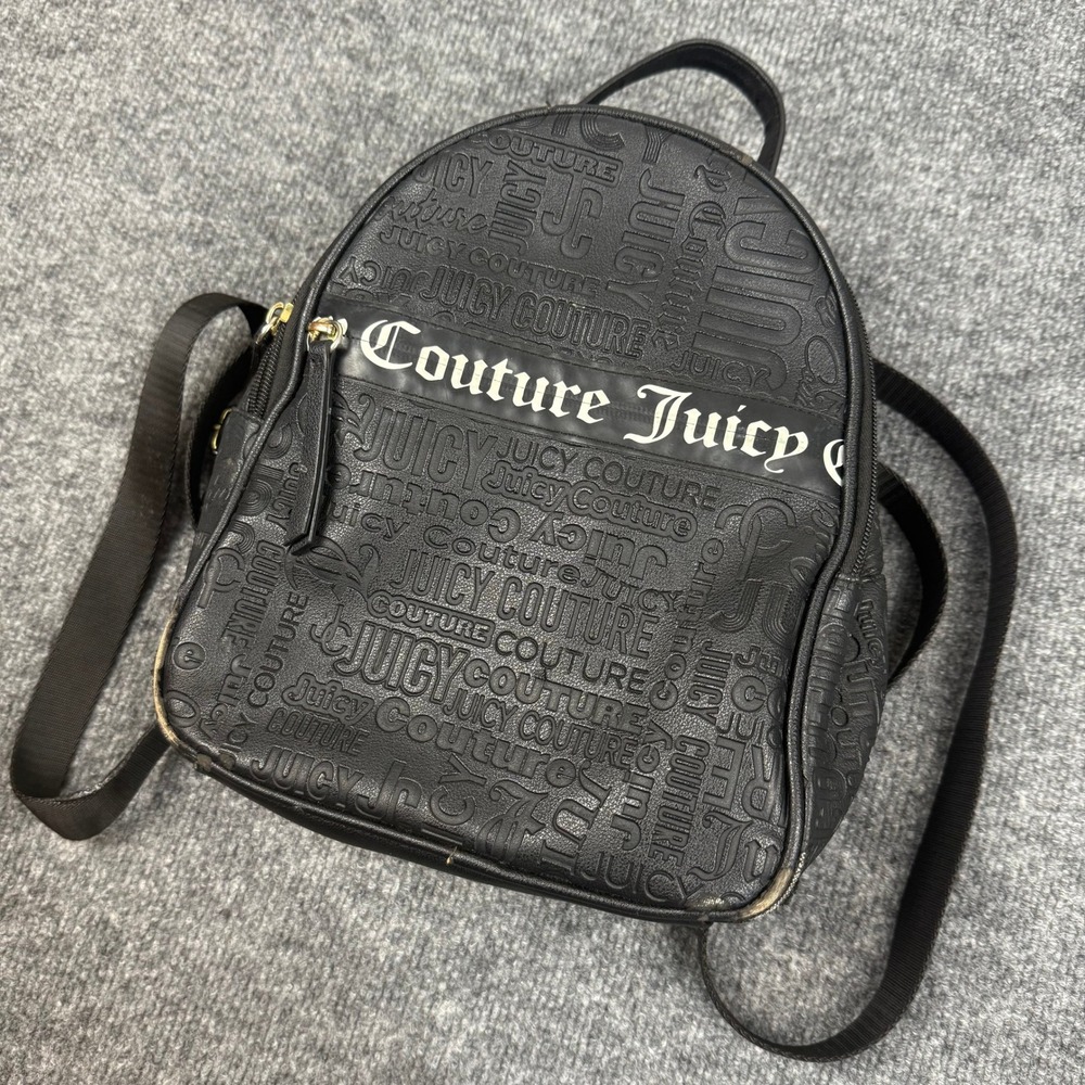 Juicy Couture‎ Black Embossed Logo Mini Backpack Monogram Bag Zipper Pockets